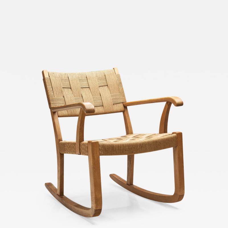 K Scr der Danish Beech Rocking Chair with Woven Papercord Denmark 1940s