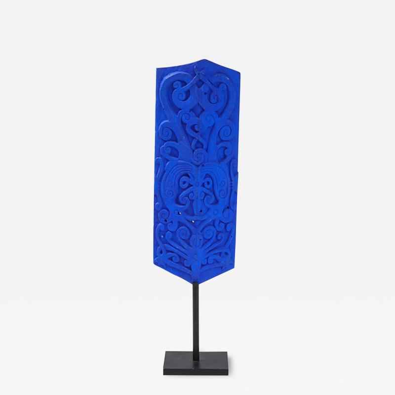 KLEIN BLUE PAINTED DAYAK TRIBE SCULPTED SHIELD ON STAND