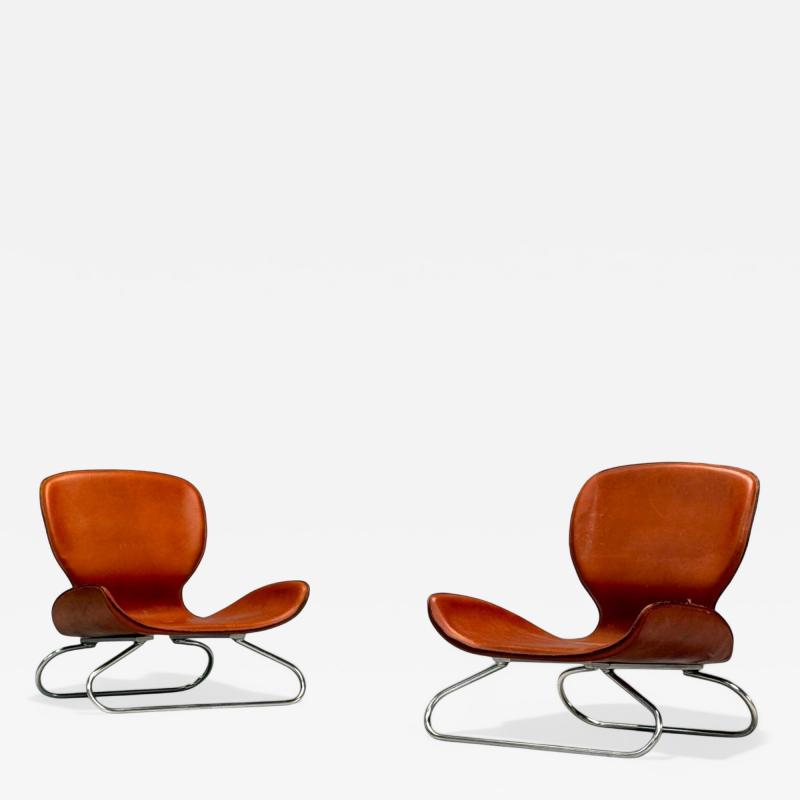 KOI Modern Cognac Leather Nickel K 3 Low Lounge Chairs England 2000s