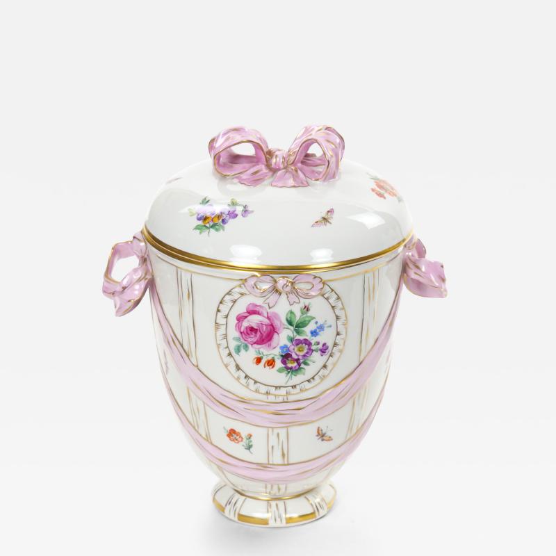 KPM Porcelain Covered Centerpiece Vase Ribbon Decoration Germany Circa 1960