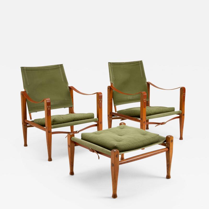 Kaare Klint Kaare Klint Safari Chair Set in Sage Green Canvas Denmark 1960s