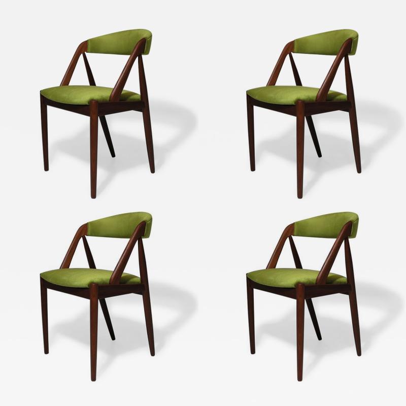 Kai Kristiansen Four Kai Kristiansen Walnut Danish Dining Chairs in Green Velvet