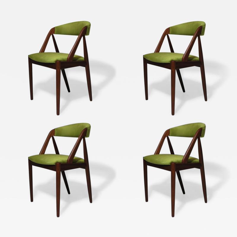 Kai Kristiansen Four Kai Kristiansen Walnut Danish Dining Chairs in Green Velvet