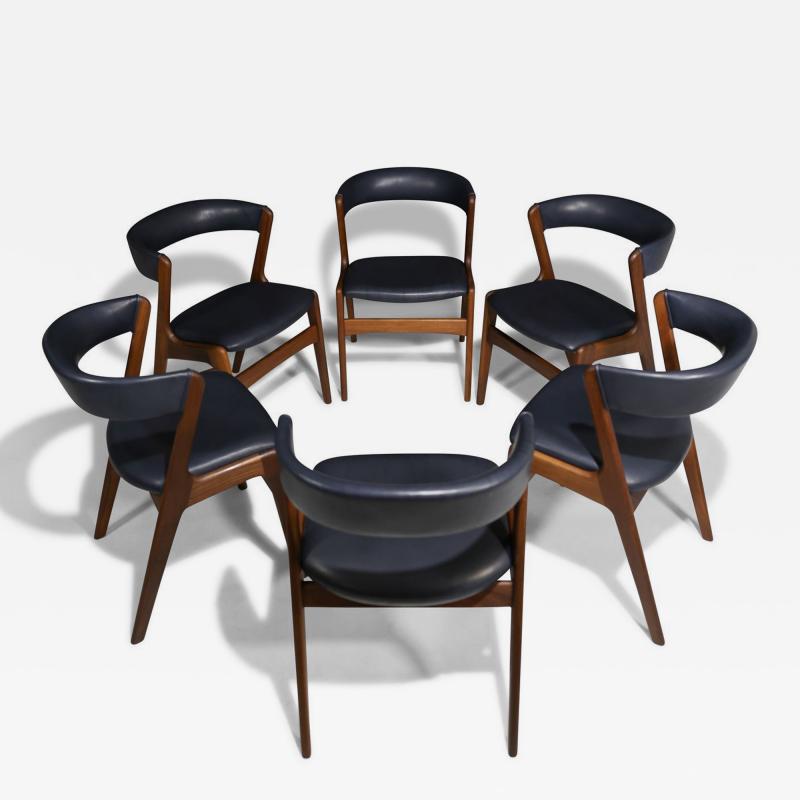 Kai Kristiansen Six Mid century Curved Back Dining Chairs in Navy Leather