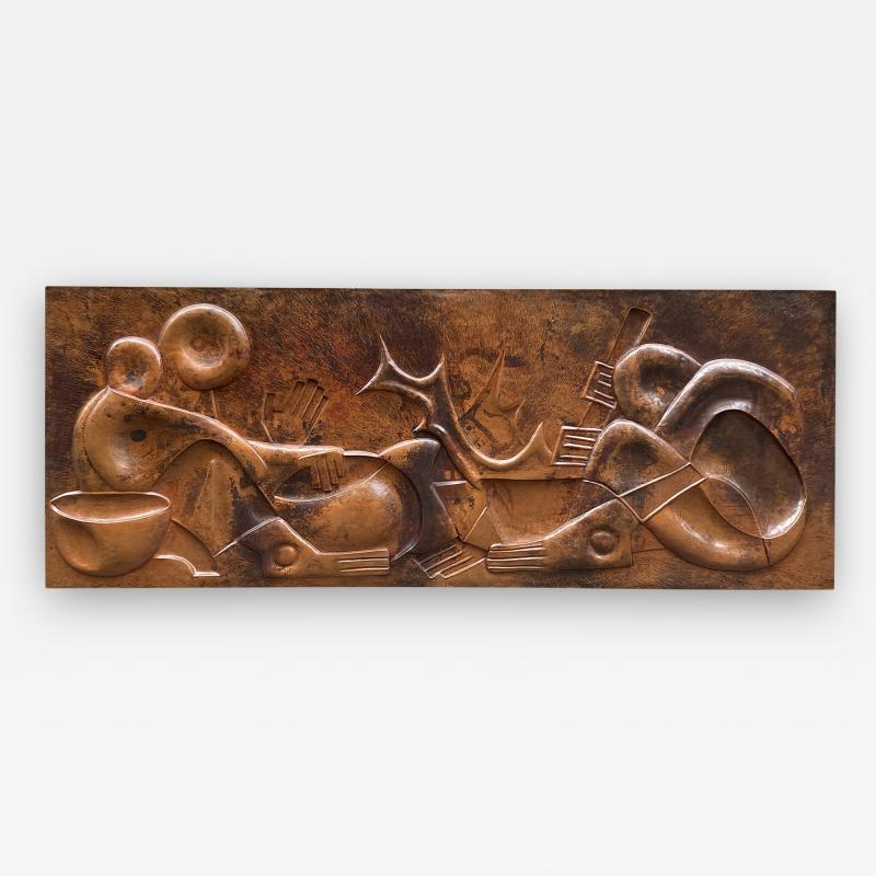 Kalumba Tshung Manu Gabriel Wrought copper low relief depicting African scenes with cubist figures