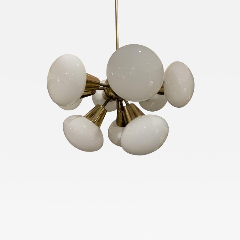 Kamenicky Senov 1960s Brass Opaline Sputnik Chandelier Lustra Czech