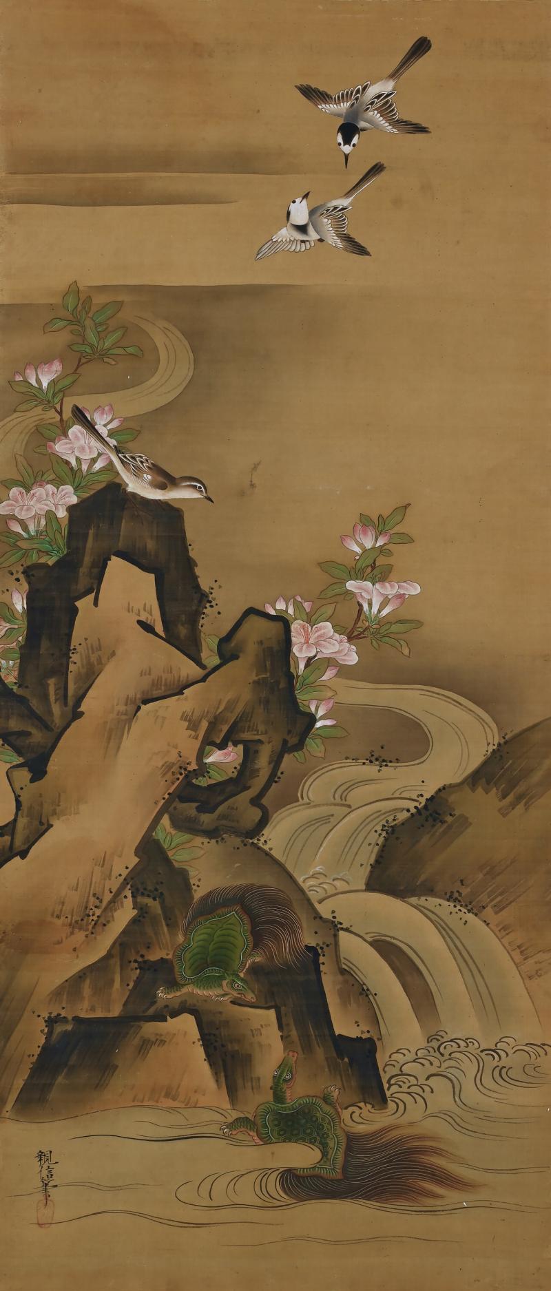 Kano Chikanobu 19th Century Japanese Silk Painting by Kano Chikanobu Turtles Azaleas 