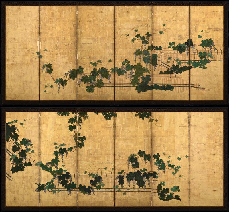 Kano Tsunenobu 17th Century Japanese Screen Pair Grapevines Attributed to Kano Tsunenobu