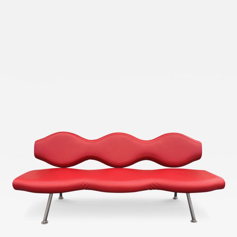 Karim Rashid Karim Rashid for Nienkamper Verde Red Leather Aluminum Modern 3 Seat Sofa