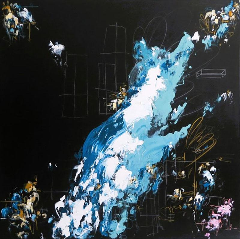 Karina Gentinetta Bodacious Large Black Blue Mint White Raw Sienna Abstract Painting 72 x72 