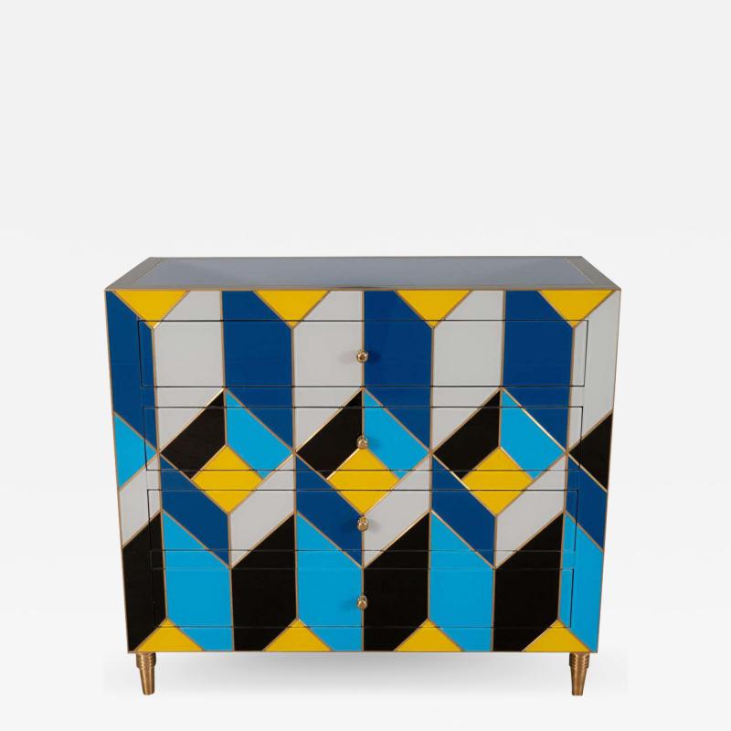 Karina Gentinetta Geometric Blue Ivory Black and Yellow Glass with Brass Inlay Commode Spain