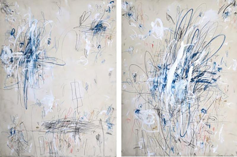 Karina Gentinetta Into the Blues I and II Pair Acrylic Oil Pastels and Pencils Abstract 48x36