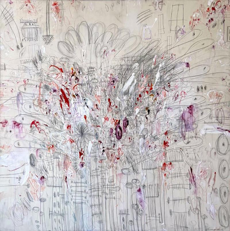 Karina Gentinetta La Boheme Large Scale Rose and Burgundy Acrylic Oil Pastel Abstract 72 x72 
