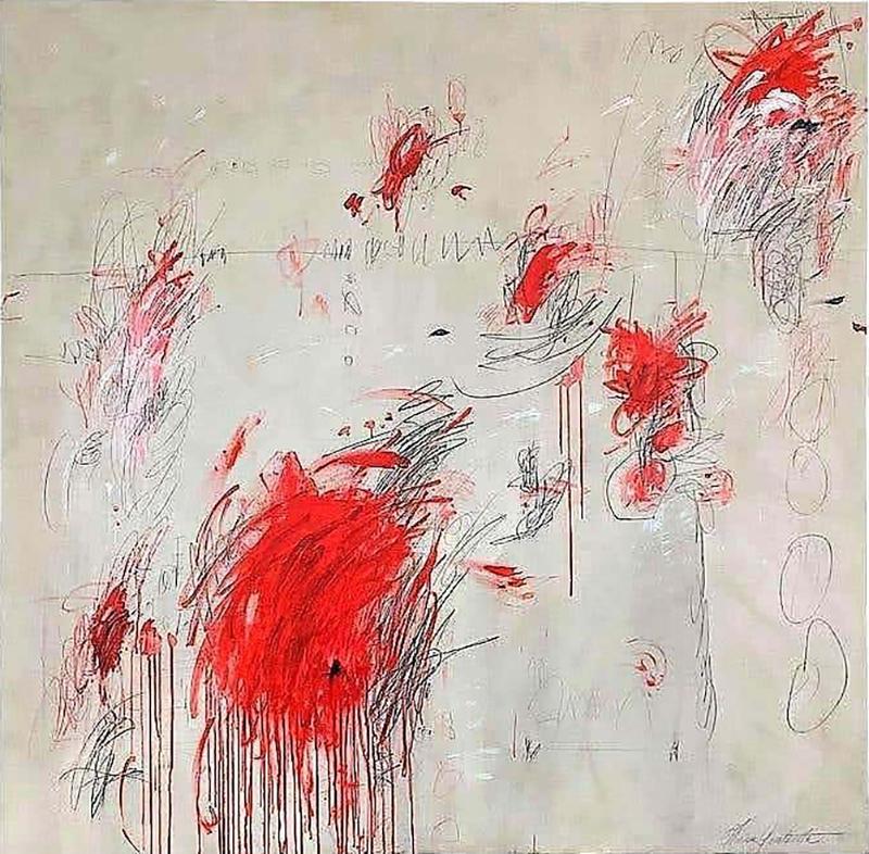 Karina Gentinetta Muses Abstract Painting in White Red and Black Hues 60 x 60 