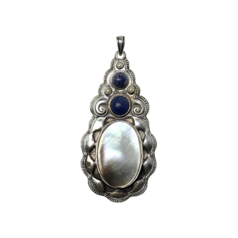 Karl Johann Bauer Jugendstil Lapis MOP Seed Pearls Silver Necklace by Karl Bauer 1906 Germany