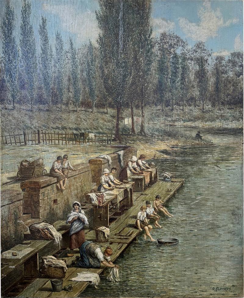 Karl Otto Flecken The Washerwomen oil on panel by Otto Flecken Germany 1922