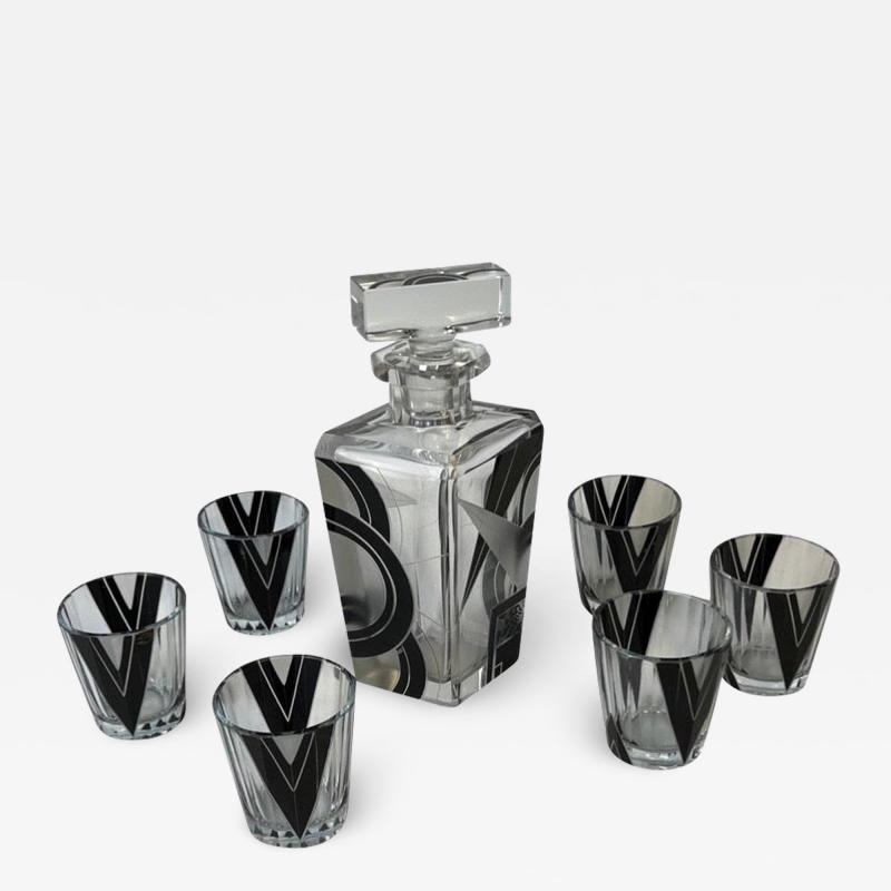 Karl Palda Art Deco Bohemian Glass Decanter Set includes 6 shot glasses 