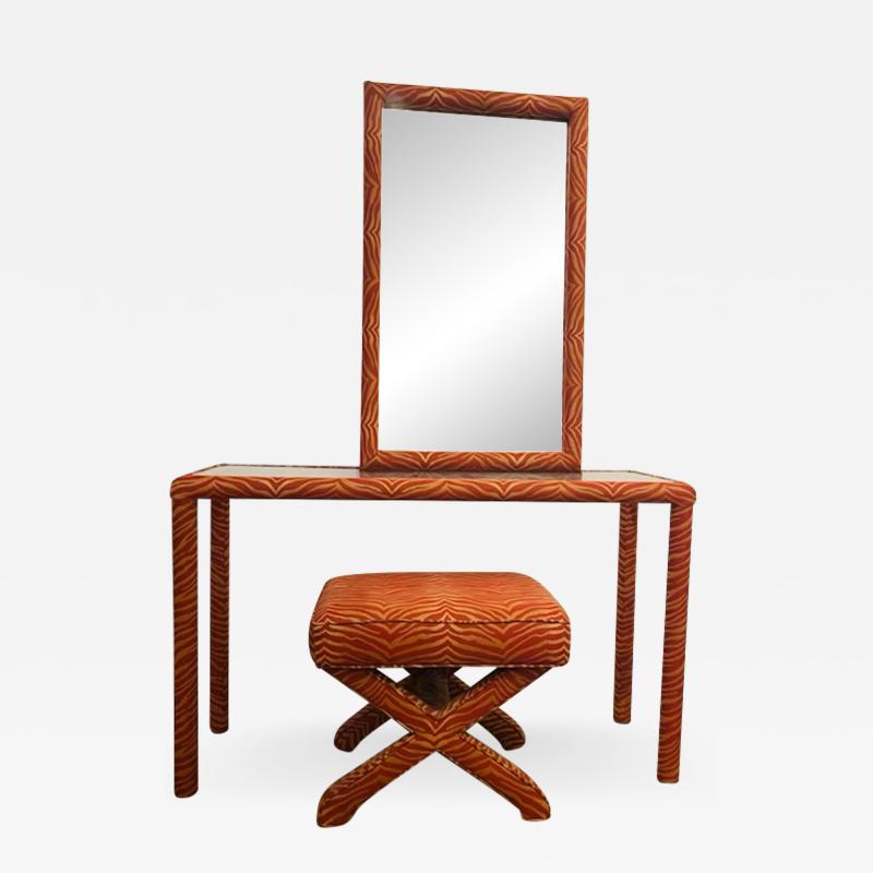 Karl Springer BEAUTIFUL CUSTOM FABRIC DESIGN MIRROR CONSOLE AND X STOOL SUITE