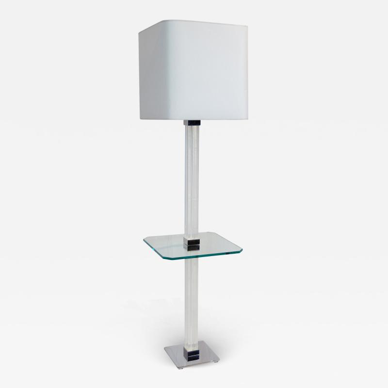 Karl Springer Chrome and Channeled Lucite Floor Lamp with Glass Table