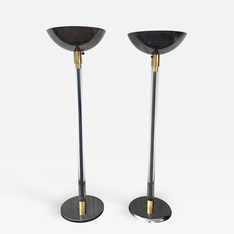 Karl Springer Complimentary Pair Karl Springer Lucite and Gun Metal Torchiere Floor Lamps