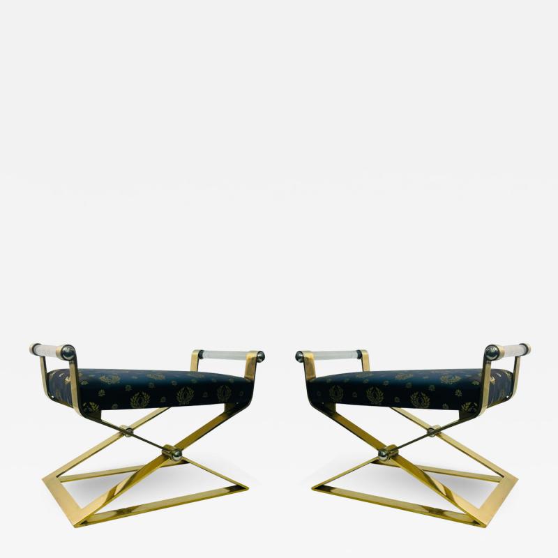 Karl Springer EXCEPTIONAL MODERN PAIR OF BRASS AND LUCITE BENCHES