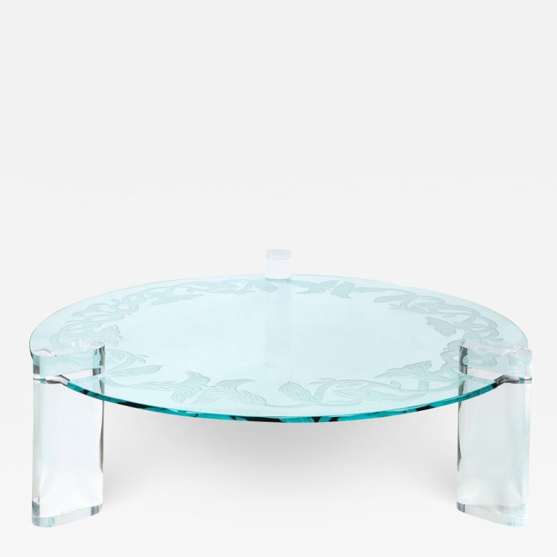 Karl Springer Karl Springer Coffee Table with Lucite Legs and Unique Glass Top 1980s Signed 