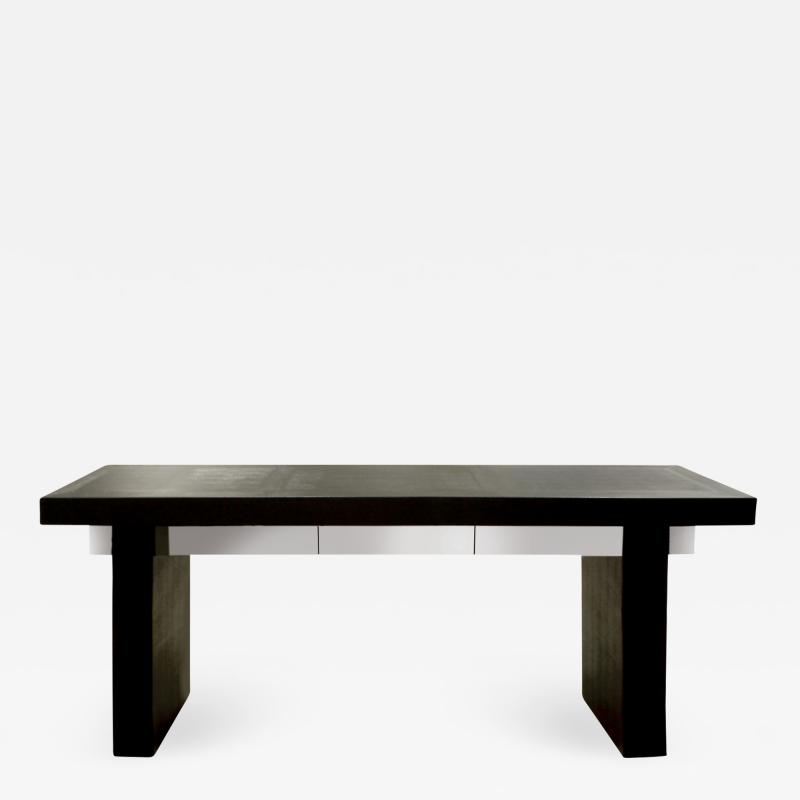 Karl Springer Karl Springer Console Table in Embossed Lizard Leather and Gun Metal 1986