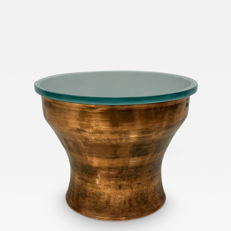 Karl Springer Karl Springer Copper Rain Drum Table With Original Textured Glass Top