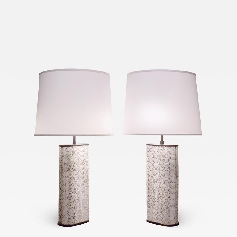 Karl Springer Karl Springer Exceptional Pair of Table Lamps in Bronze Covered in Boa 1970s