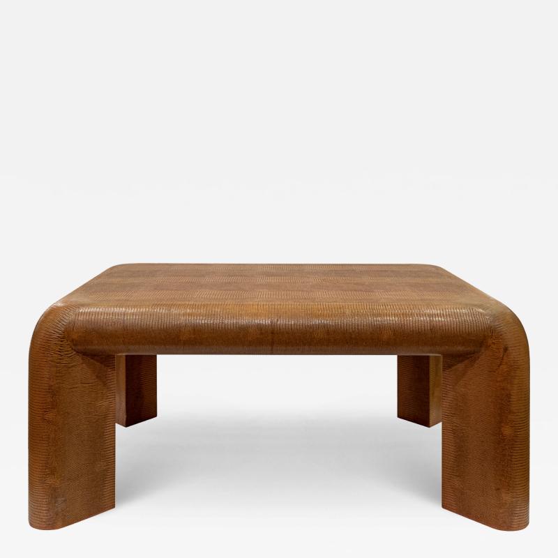 Karl Springer Karl Springer Mark II Brown Lizard Embossed Leather Coffee Table 1983 Signed 