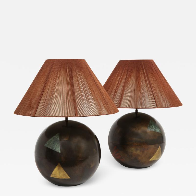 Karl Springer Karl Springer Pair Oxidized Brass Ball Lamps Multi Triangle Design 1980s