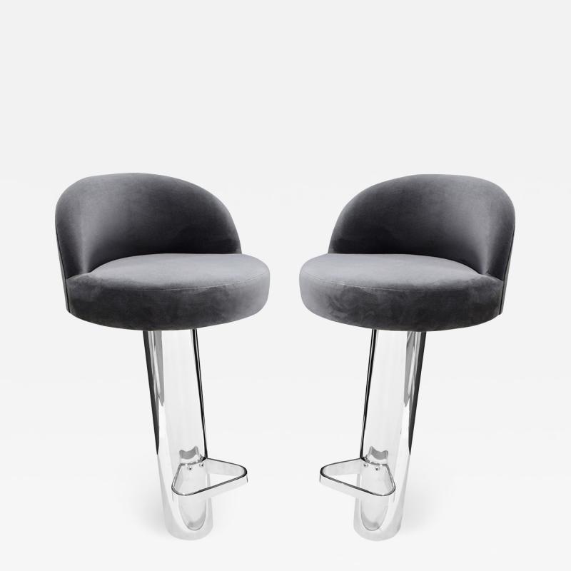 Karl Springer Karl Springer Pair of Cantilevered Stainless Steel Bar Stools 1980s