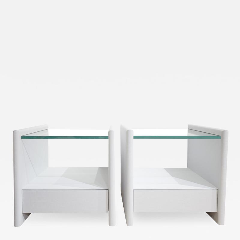 Karl Springer Karl Springer Pair of Gray Lacquered Linen Bedside Tables 1980s