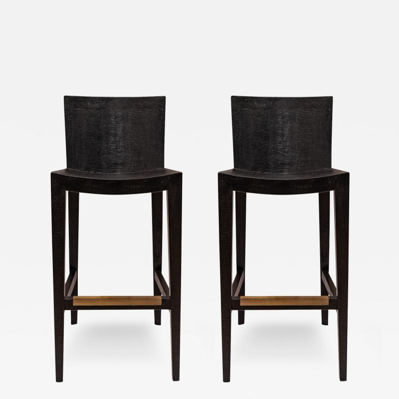 Karl Springer Karl Springer Pair of JMF Barstools in Black Lizard Leather 1986 Signed 