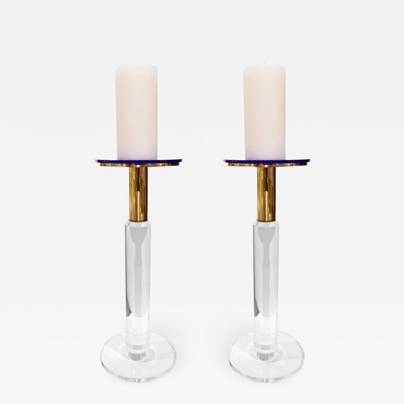 Karl Springer Karl Springer Pair of Rare Prototype Candle Holders In Lucite And Brass Ca 1985