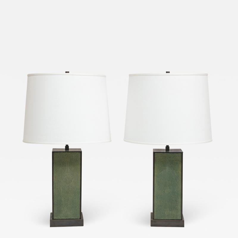 Karl Springer Karl Springer Pair of Table Lamps in Green Shagreen and Bronze 1980s