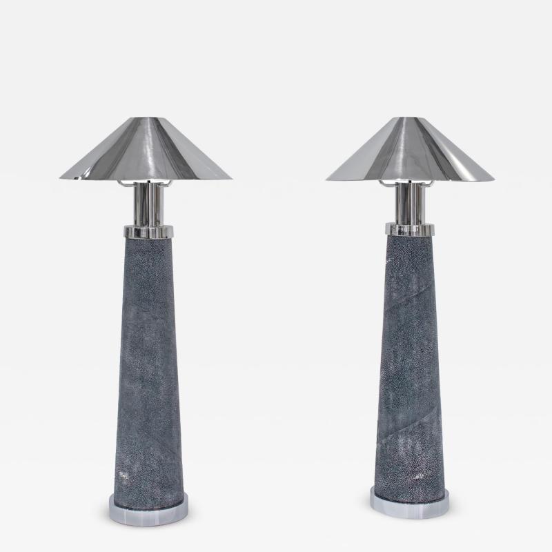Karl Springer Karl Springer Rare Pair of Lighthouse Lamps in Blue Shagreen and Nickel 1980s