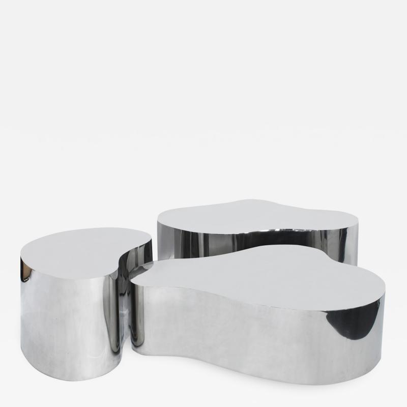 Karl Springer Karl Springer Rare Set of 3 Free Form Coffee Tables in Polished Steel 1980s