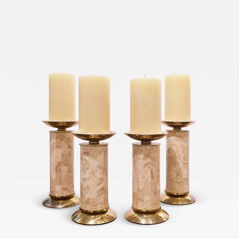 Karl Springer Karl Springer Set of 4 Candle Holders in Travertine and Brass 1980s