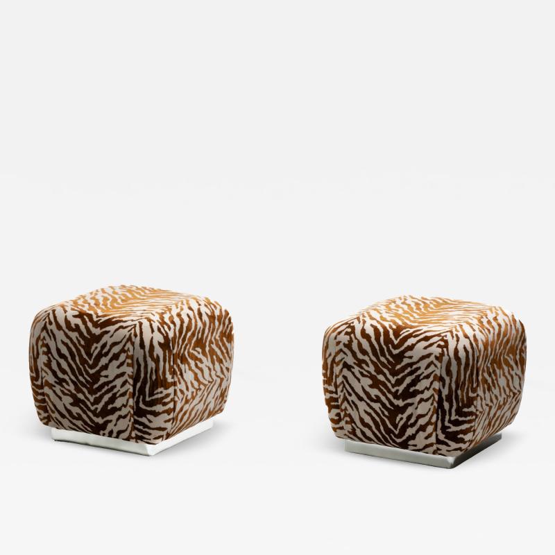 Karl Springer Karl Springer Style Souffl Poufs in New Cognac Ivory Tiger Velvet c 1980s
