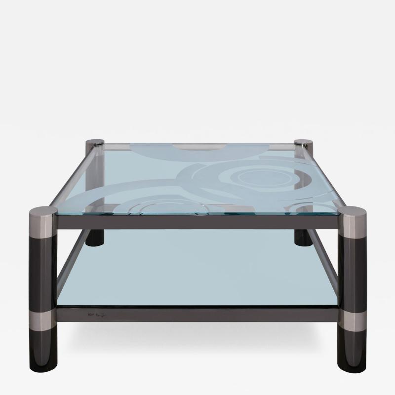 Karl Springer Karl Springer Unique Round Leg Coffee Table with Artisan Glass Top 1980s Signed