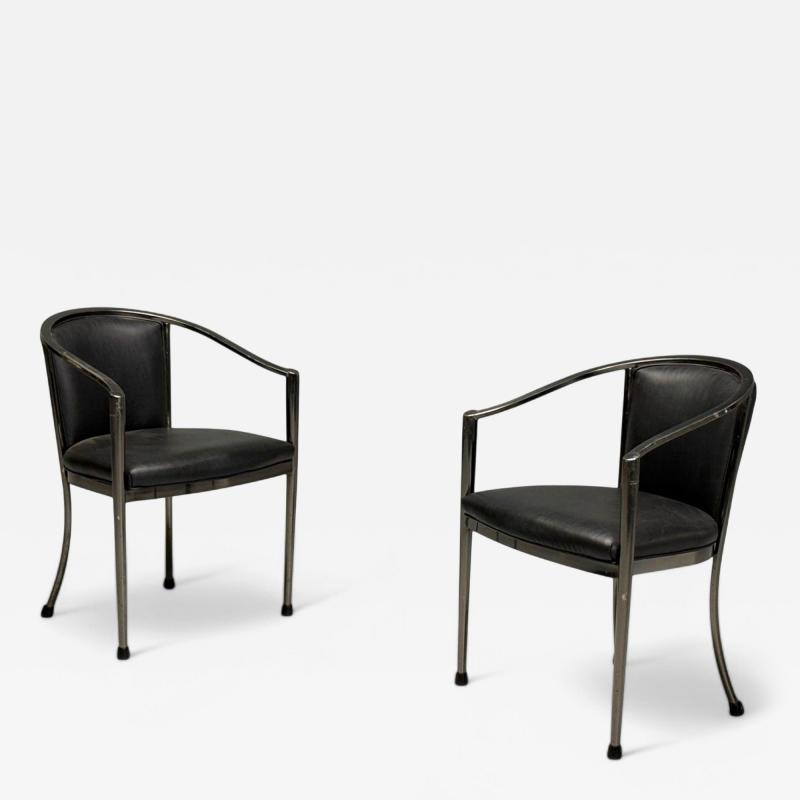 Karl Springer LTD Karl Springer Style Mid Century Modern Gunmetal Leather Armchairs 20th c 