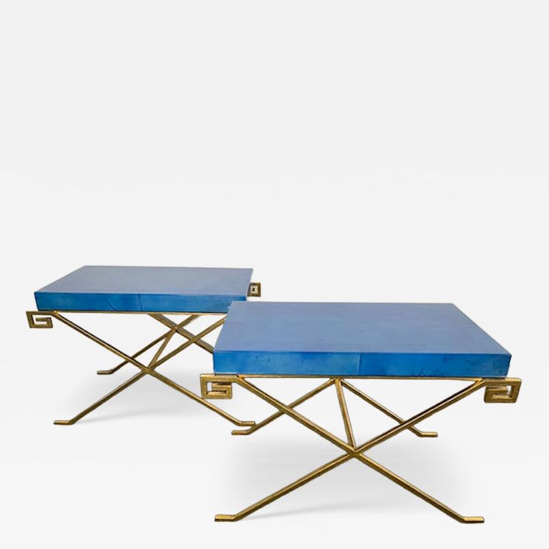 Karl Springer LTD Pair of JMF Greek Key Tables w Lapis Goatskin Tops Karl Springer Ltd