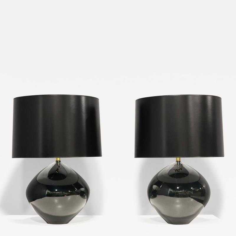 Karl Springer Large Karl Springer Style Black Ceramic Bulbous Lamps