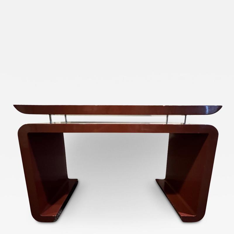 Karl Springer MODERN DEEP RED LACQUERED CONSOLE WITH CHROME ROD ACCENTS