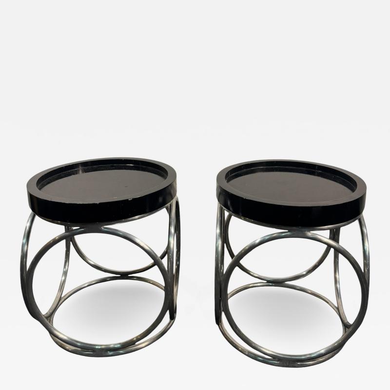 Karl Springer MODERNIST BLACK LACQUER TUBULAR CHROME TABOURET TABLES