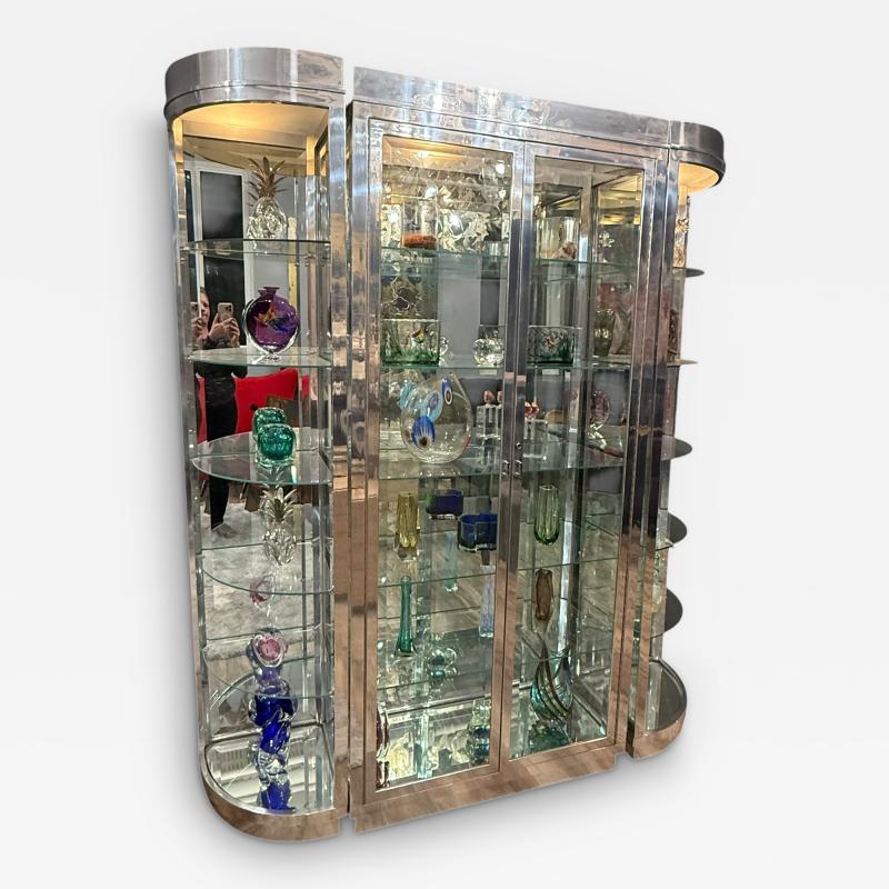 Karl Springer MODERNIST ILLUMINATED CHROME GLASS CABINET IN THE STYLE OF KARL SPRINGER