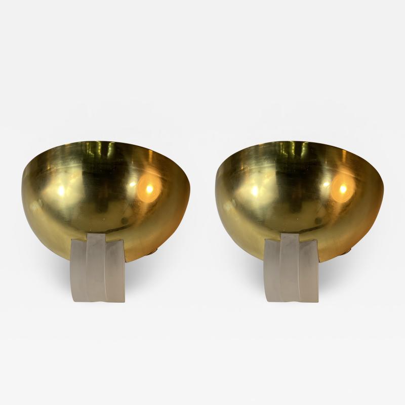 Karl Springer MODERNIST PAIR OF BRASS AND FROSTED LUCITE SCONCES BY KARL SPRINGER