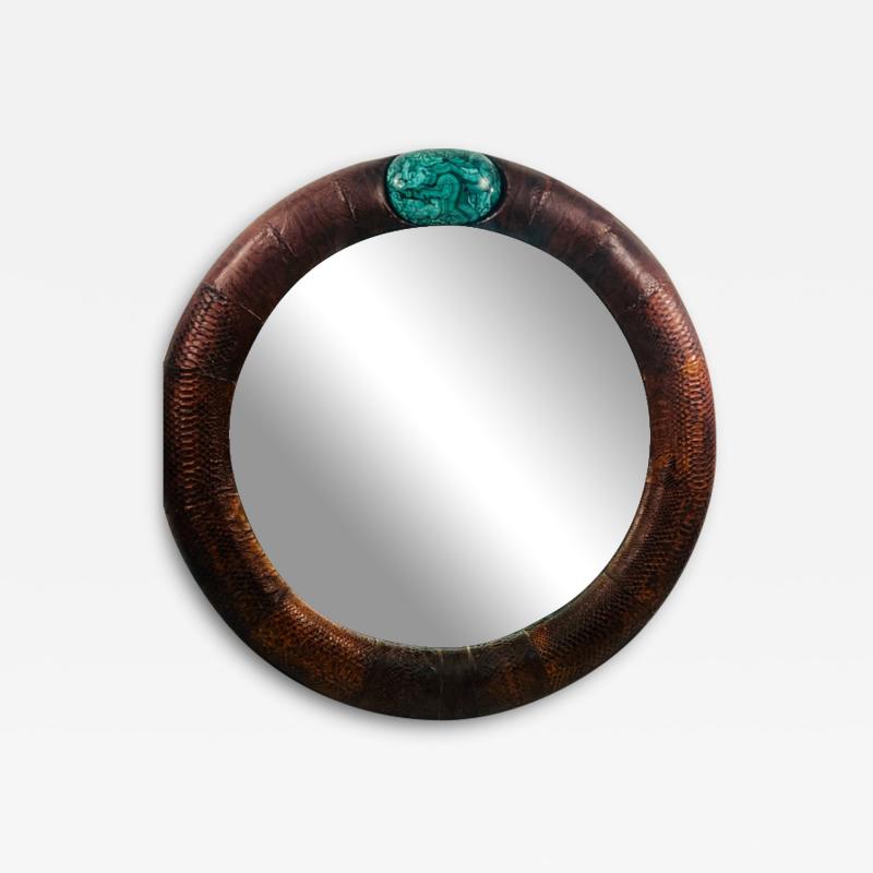Karl Springer MONUMENTAL SNAKESKIN AND MALACHITE ROUND MIRROR BY KARL SPRINGER