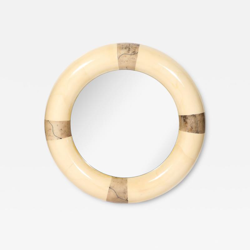 Karl Springer Mid Century Modernist Cream Lacquered Goat Skin Round Mirror by Karl Springer